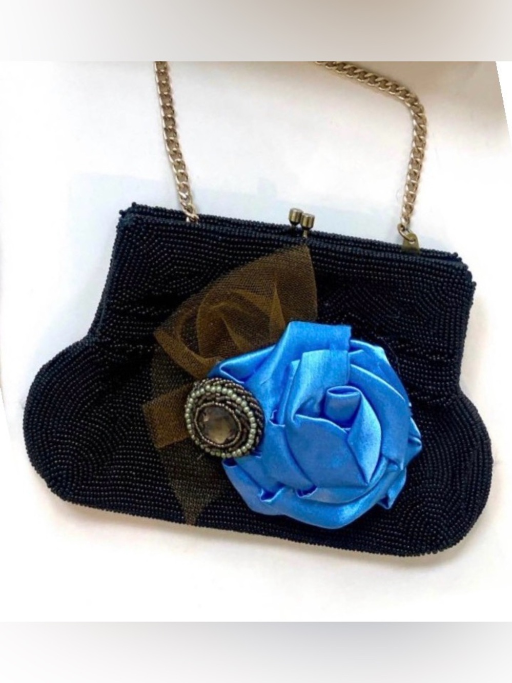 Vintage Black Beaded Evening Clutch with handmade Satin Flower appliqué
